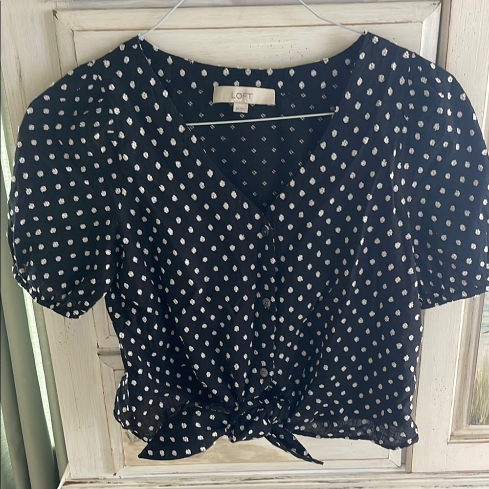 LOFT White and Black Puff Sleeve Crop Top with Peter Pan Collar